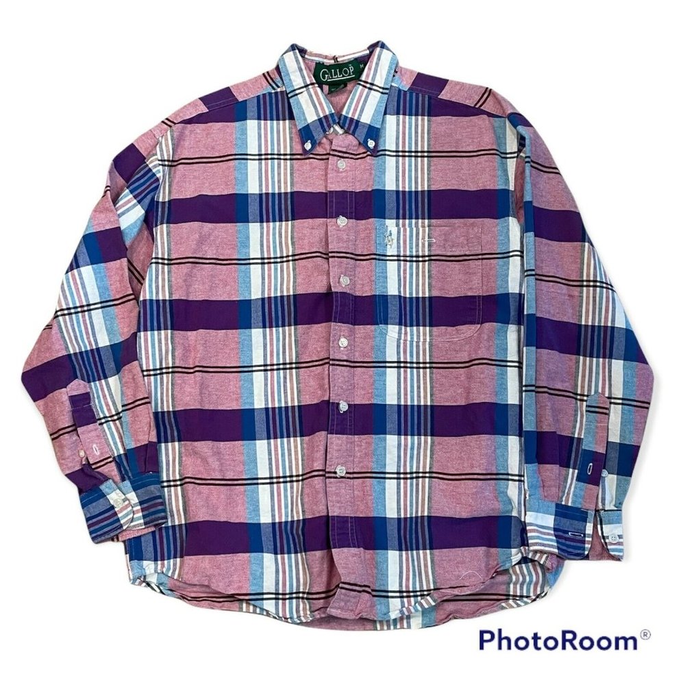 MEN'S M GALLOP Purple White Blue Plaid Long Sleeve Button Down Shirt